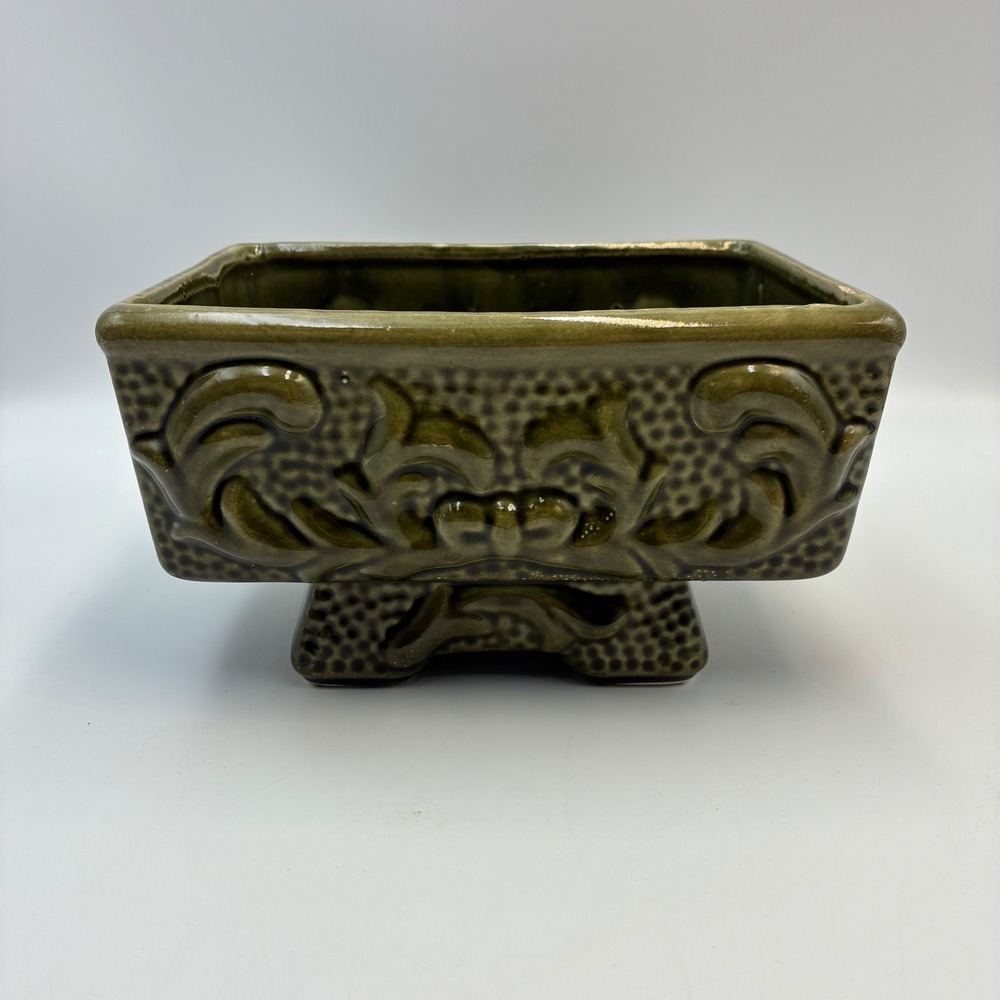 Vintage Olive Green Glazed Ceramic Rectangular Pedestal Planter Scroll Relief